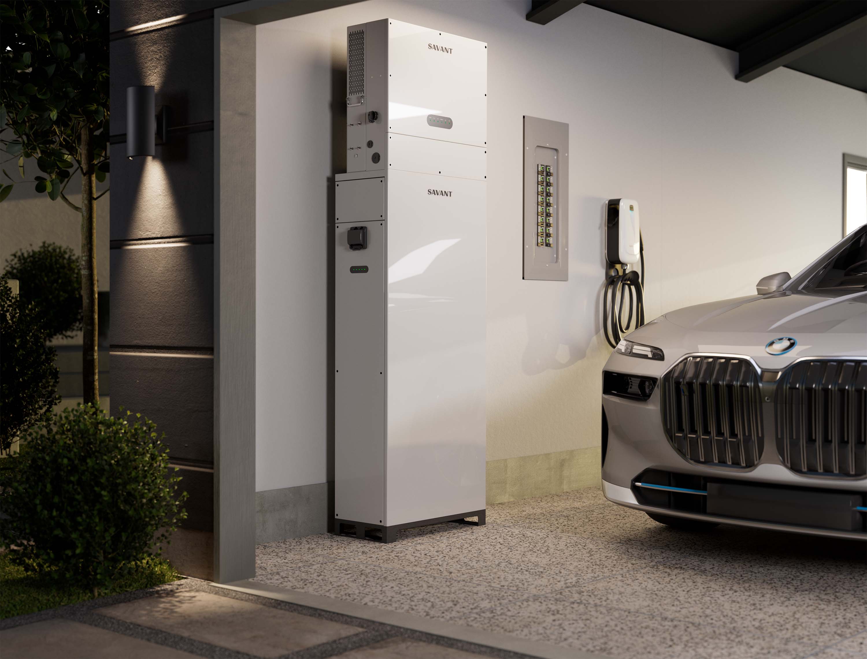 A garage with a Savant Power energy storage system and an electric BMW, showcasing integrated battery storage and charging solutions.