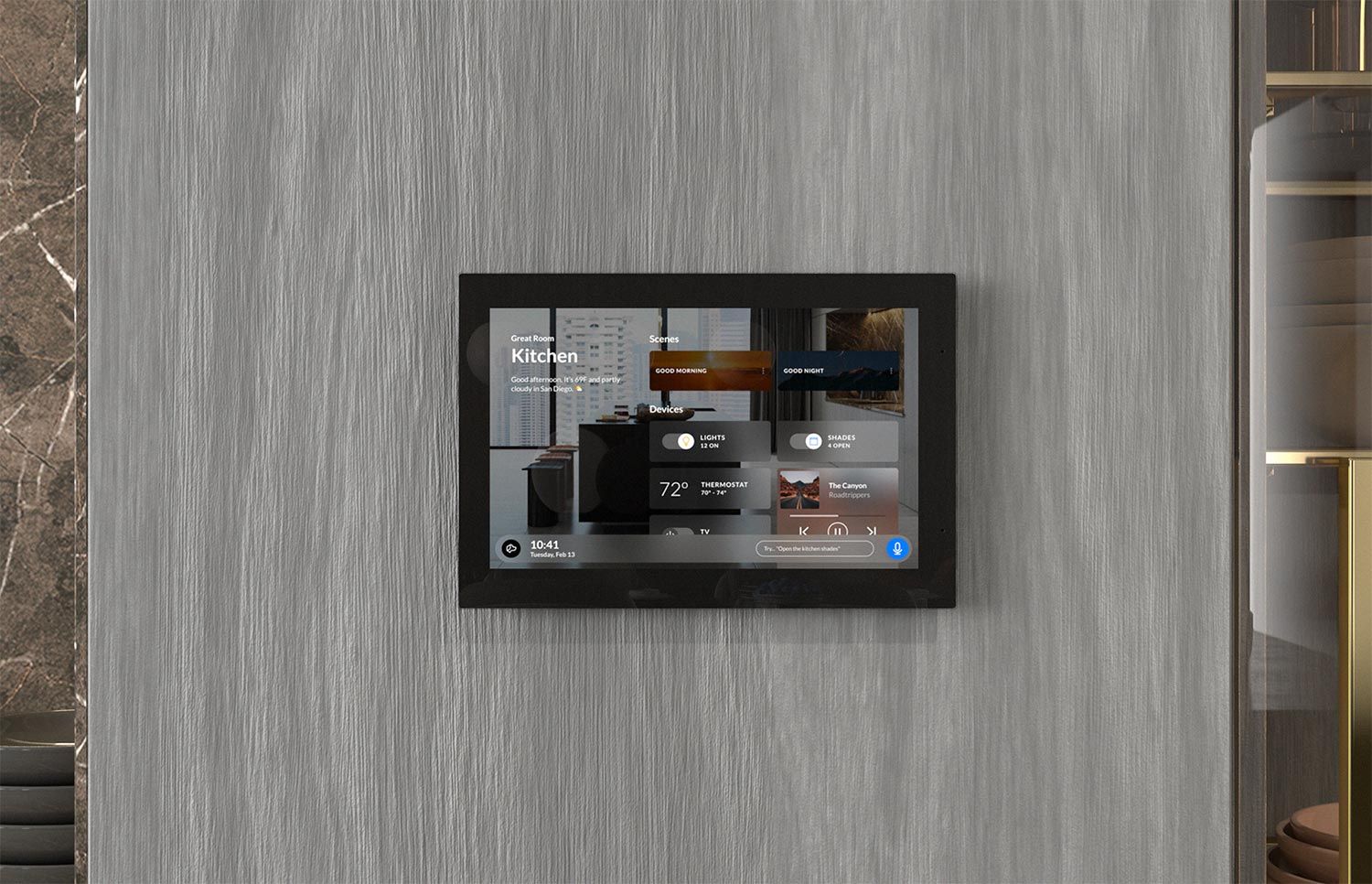 Control4 Touch panel in a able with a traditional home in the background